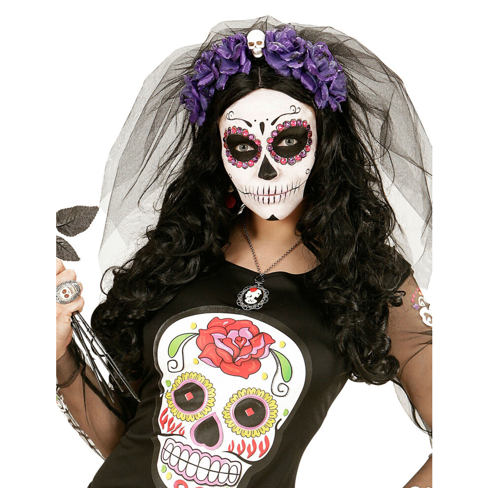 Rubies Flower Headdress With Skull For Women, Day Of The Dead Purple