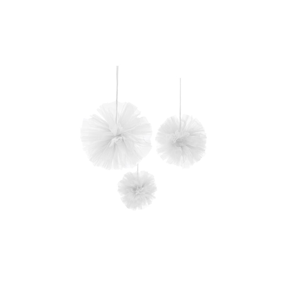 Rubies 3 White Tulle Hanging Pom Poms 15, 20 And 30 Cm