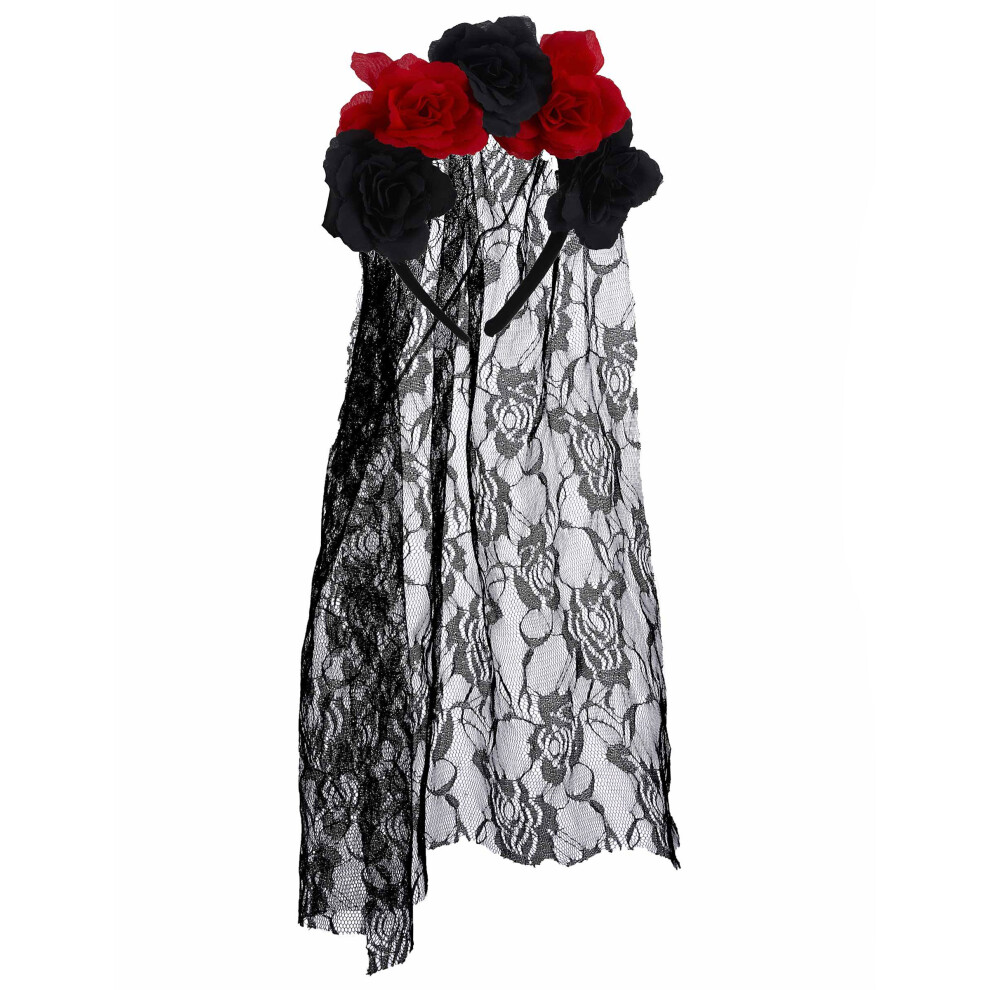 Rubies Flower Headband With Lace Veil For Adults Red/Black