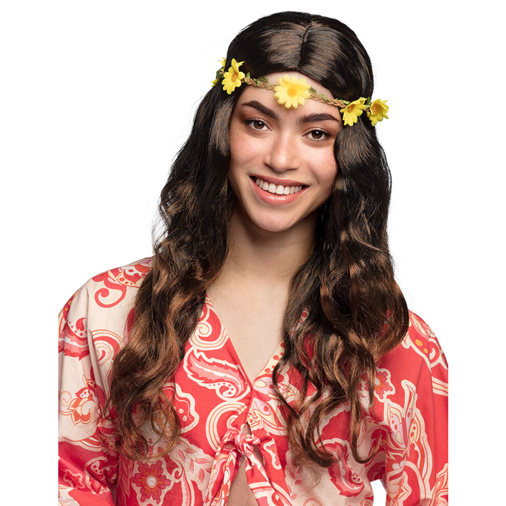 Rubies Long Wig With Flower Headband For Women Brown