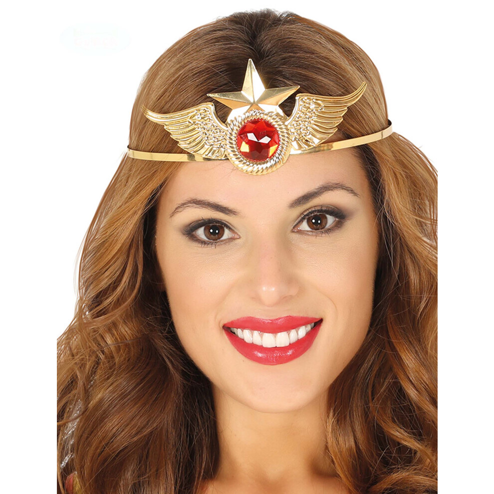 Gold metal headband with red stone for women, superhero
