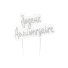Silver glitter happy birthday candle on stick 8 x 5 cm