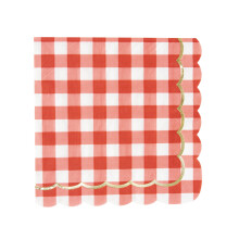 16 Scalloped Gingham and Gold Paper Napkins 33 x 33 cm