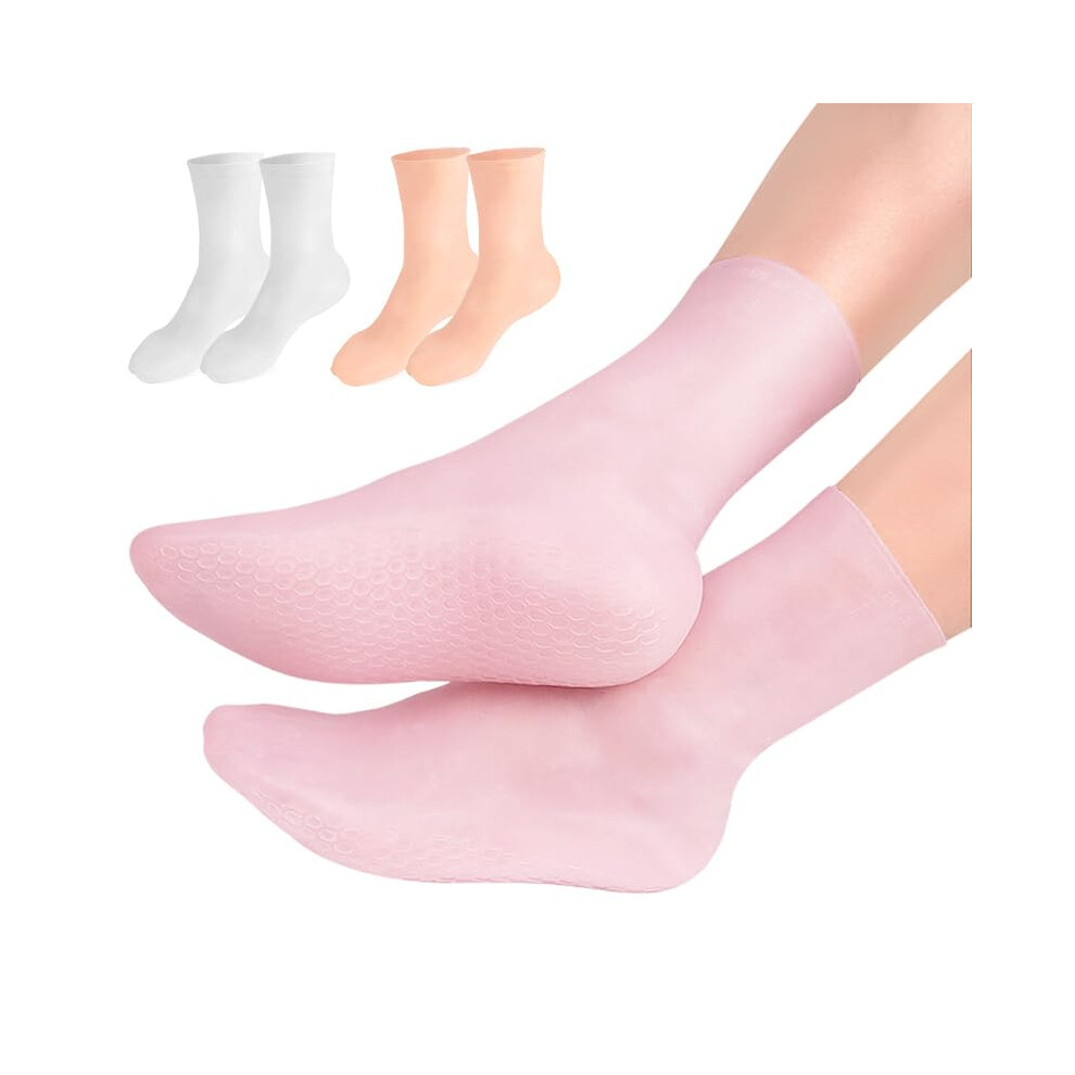 Silicone Moisturizing Socks for Dry Cracked Feet, Long Size Spa Gel Foot Care, High Elastic Anti-Slip - Pink Beige White, 3 Pairs-image-OPC-PJQ7YTM-NEW