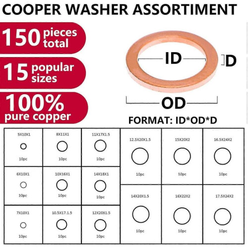 150Pcs 15 Specifications Gaskets Sealing Ring, Copper Washers Assortment Kit 1