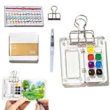 Watercolor Travel Set - Mini Portable Wooden Paint Box with Grid Palette for Artists on the Go