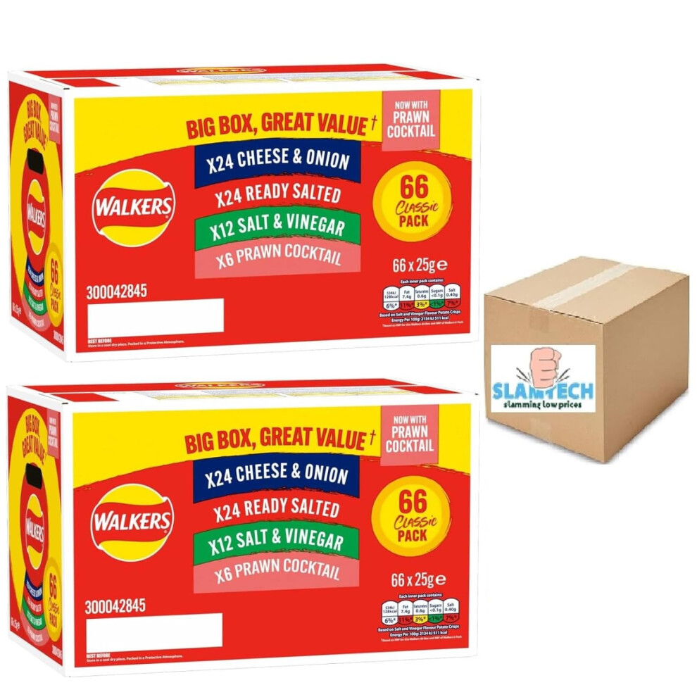 Slamtech Walkers Classic Variety Box, 132 Crisps Pack, 25G Each, 4 Flavours - Cheese & Onion, Ready Salted, Salt & Vinegar, Prawn Cocktail 4 Different Flavours