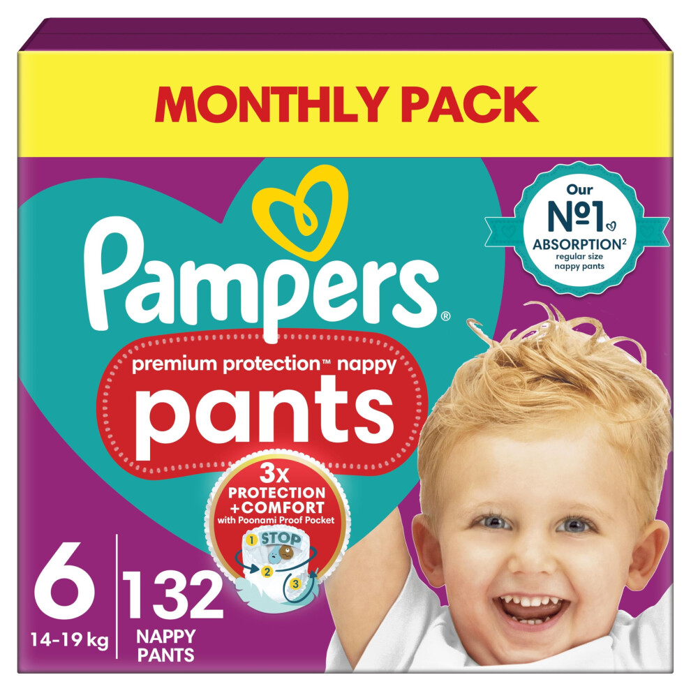 Pampers Premium Protection Nappy Pants Size 6, 132 Nappies, 14Kg-19Kg, Monthly Pack, With 360? Fit And Ultra-Soft Materials For Our Best Comfort &