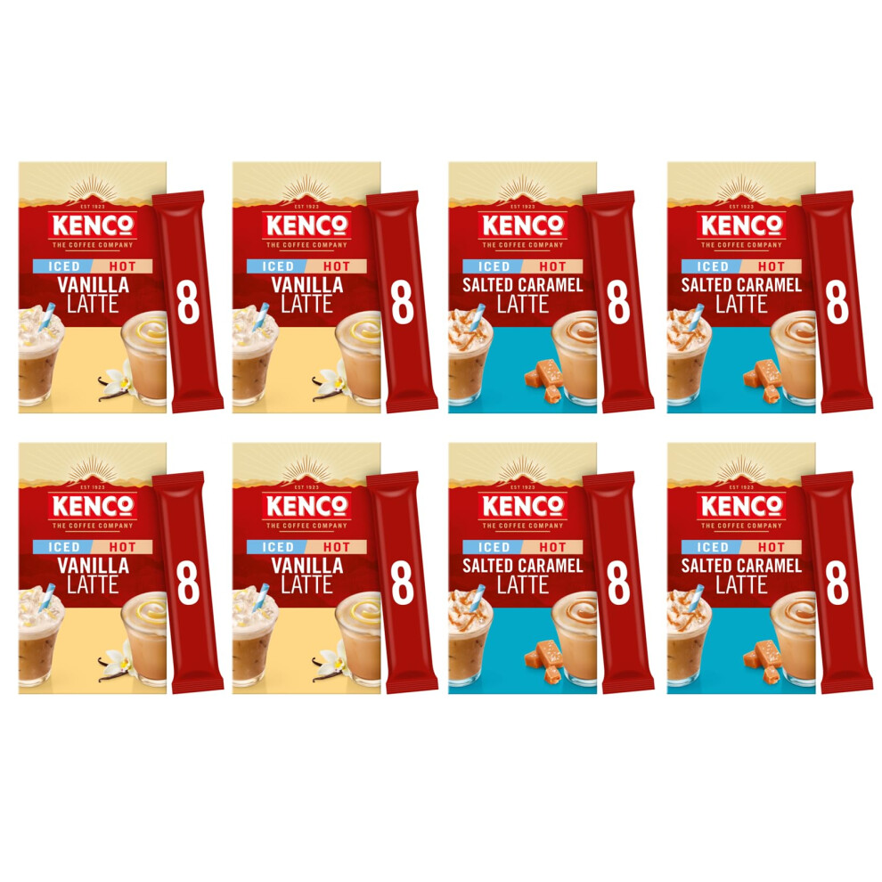 Kenco Iced Hot Latte Instant Coffee Sachets, Vanilla And Salted Caramel Variety Pack, 8 Packs