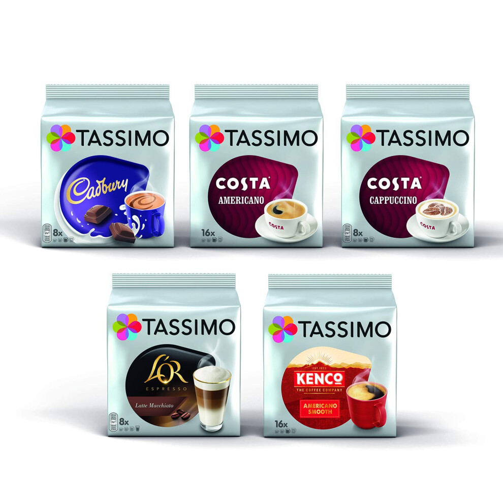 Tassimo Coffee Selection - Costa Cappuccino/Americano/Cadbury Hot Chocolate/L'or Latte Macchiato/Kenco Americano Pods - 5 Packs (56 Servings)