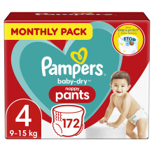 Pampers Baby Nappy Pants Size 4 (9-15 kg/20-33 Lb), Baby-Dry, 172 Nappies, MONTHLY SAVINGS PACK, With A Stop & Protect Pocket To Help Prevent Leaks At