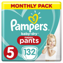 Pampers Baby-Dry Size 5, 132 Nappy Pants, 11-23 kg/12-17 kg, Easy-On for Up to 12 Hours of Breathable Dryness, Monthly Pack- Packaging May Vary