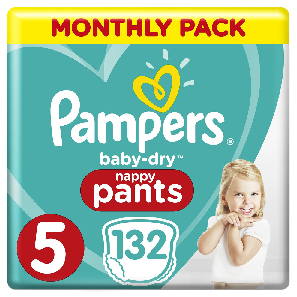 Pampers Baby-Dry Size 5, 132 Nappy Pants, 11-23 Kg/12-17 Kg, Easy-On For Up To 12 Hours Of Breathable Dryness, Monthly Pack- Packaging May Vary