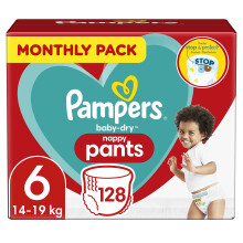 Pampers Baby Nappy Pants Size 6 (15+ kg/33 Lb), Baby-Dry, 128 Nappies, MONTHLY SAVINGS PACK, With A Stop & Protect Pocket To Help Prevent Leaks At The