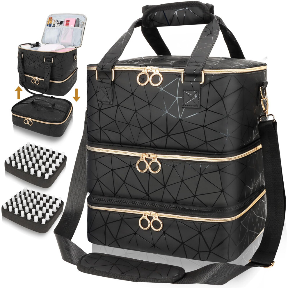 Nail Polish Organizer Bag for 84 Bottles and Nail Lamp, 3 Layer PU Leather Travel Case with Shoulder Strap for Nail Tech