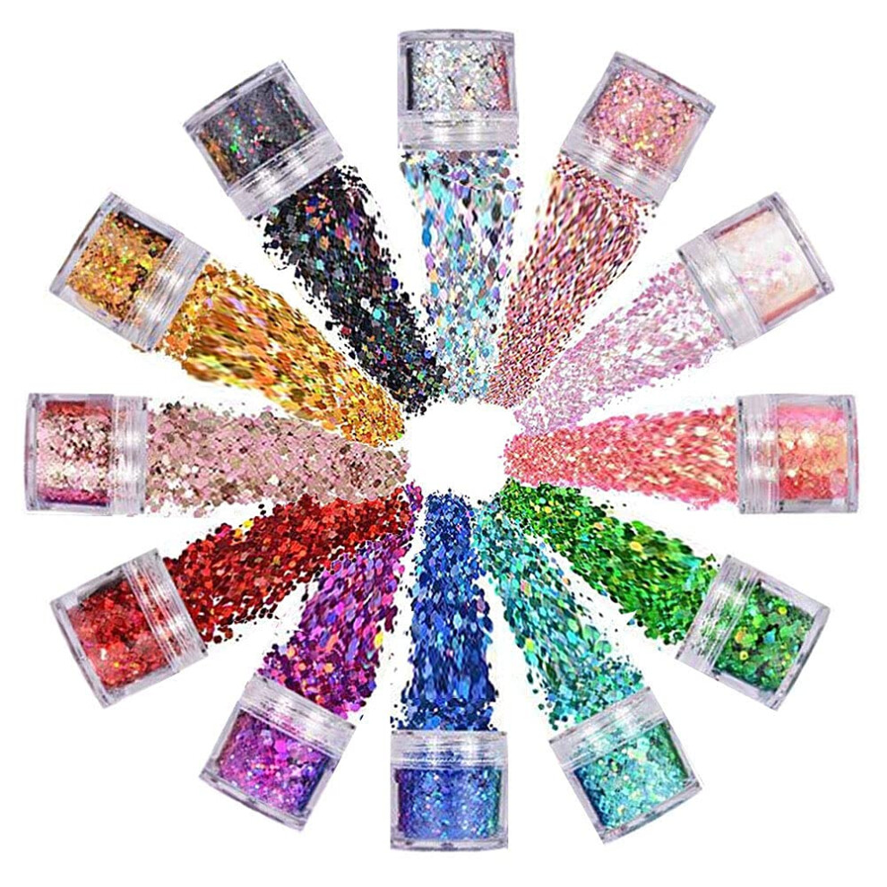 12 Colors Holographic Chunky Glitter Acrylic Powder for Nails Face Body Eyeshadow Hair 3D DIY Manicure Art Accessory