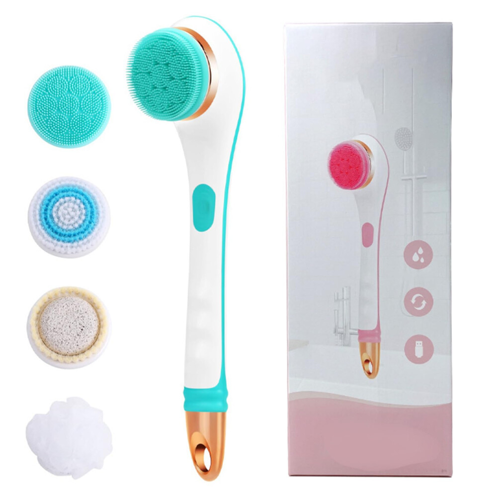 4 in 1 Electric Body Brush Back Scrubber for Shower, Rechargeable Long Handle Exfoliating Bath Brush with 4 Brush Heads, IPX6 Waterproof