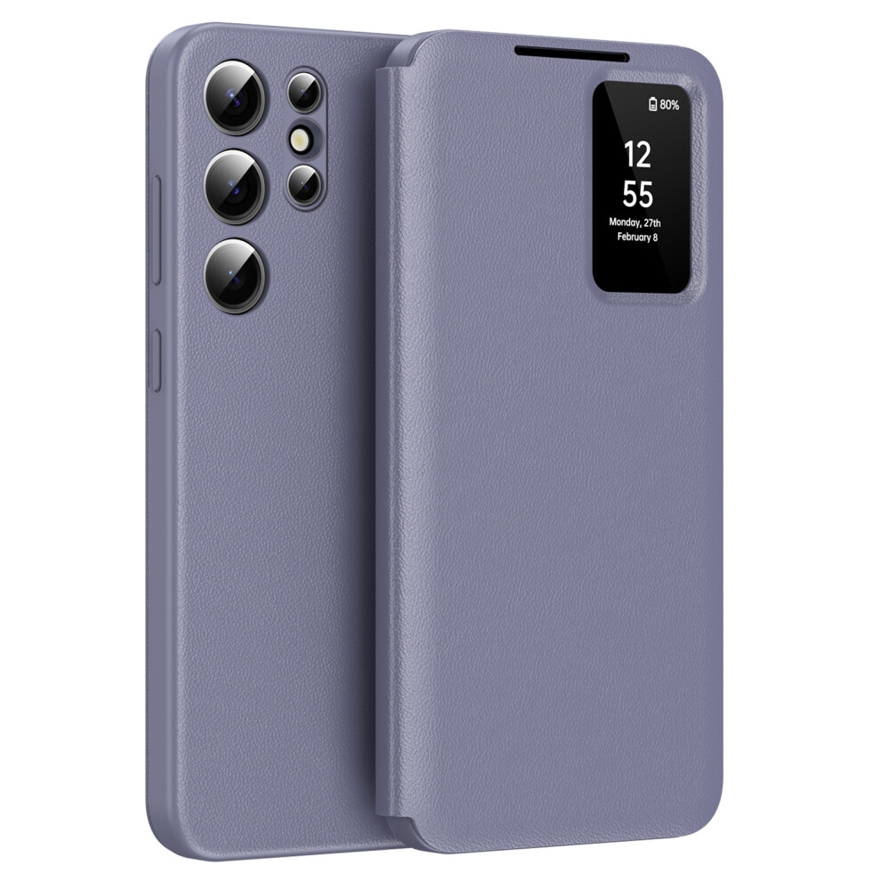 (Grey Purple) For Samsung Galaxy S25 Ultra Case Leather Phone Cover with View Window Card Slot