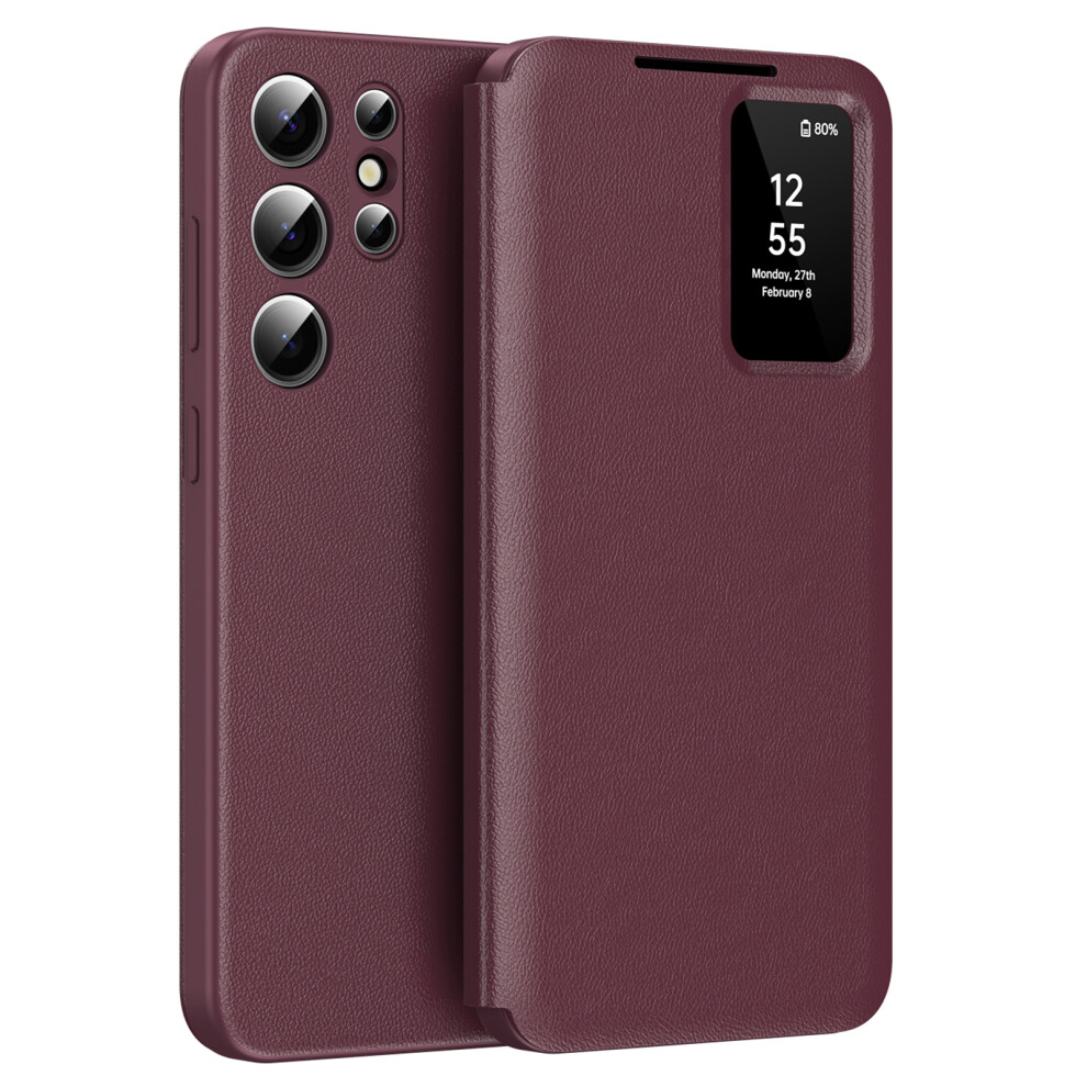 (Wine ) For Samsung Galaxy S25 Ultra Case Leather Phone Cover With View Window Card Slot Red 6914271802321