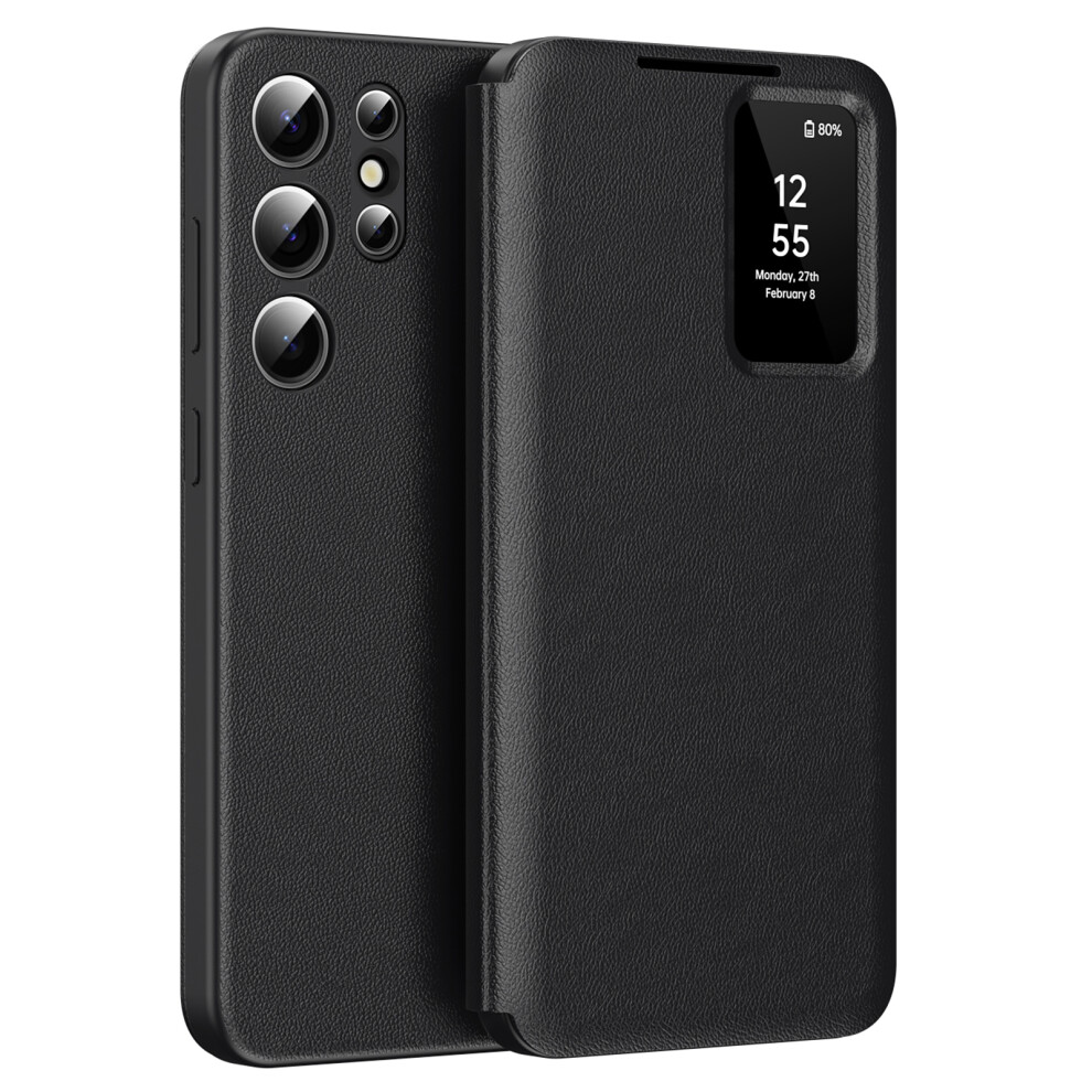 (Black) For Samsung Galaxy S23 Ultra Case Leather Phone Cover With View Window Card Slot Black 6914273239453
