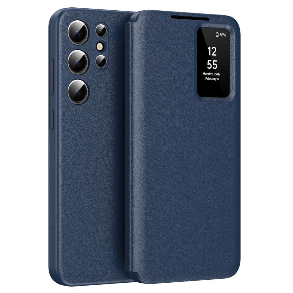 (Sapphire) For Samsung Galaxy S23 Ultra Case Leather Phone Cover With View Window Card Slot Blue 6914271472814