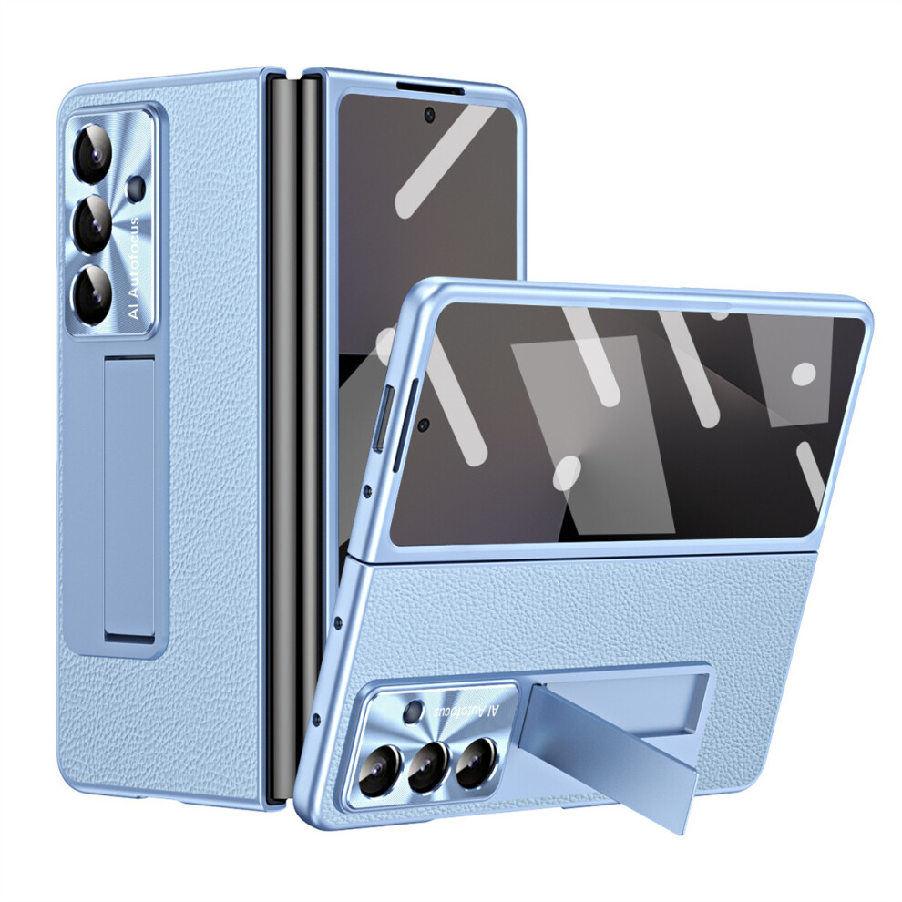 (Blue) For Samsung Galaxy Z Fold7 5G Case Kickstand Leather + Pc Phone Cover With Tempered Glass Film Blue 6914272065190