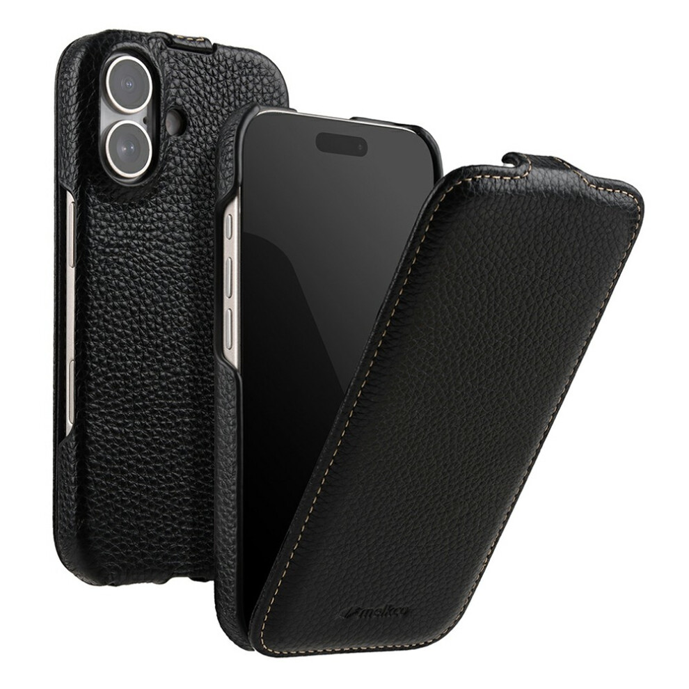 (Black) Melkco For Iphone 15 Case Compatible With Magsafe Vertical Flip Genuine Cow Leather + Pc Phone Cover Black 6914274373095