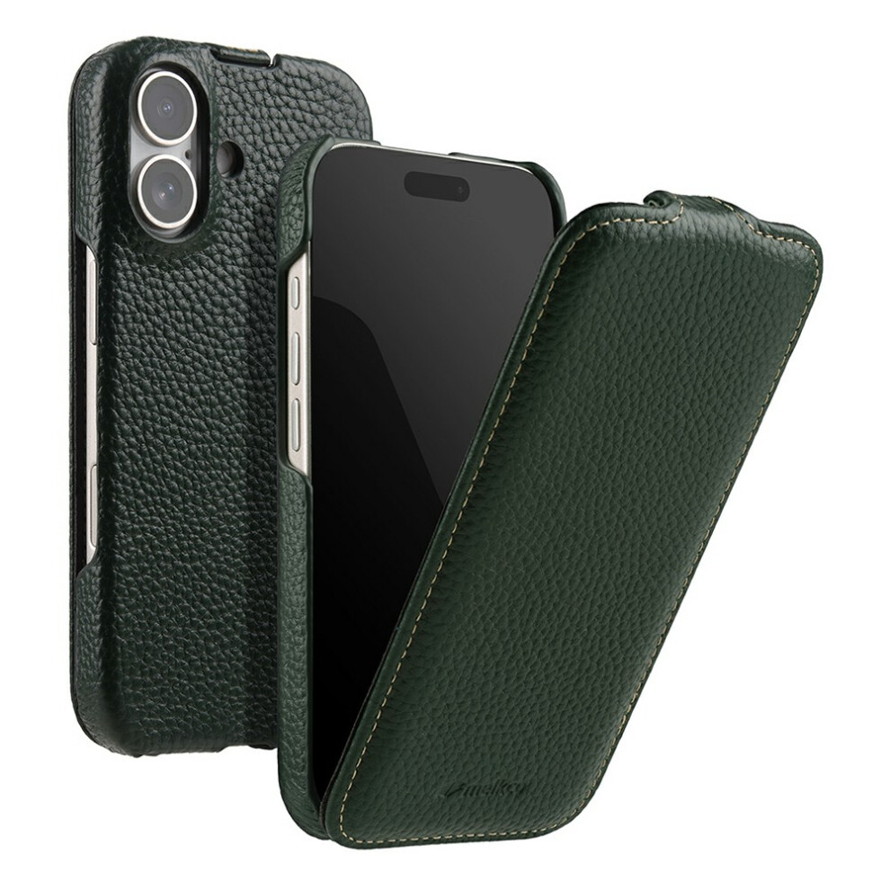 (Green) Melkco For Iphone 15 Case Compatible With Magsafe Vertical Flip Genuine Cow Leather + Pc Phone Cover Green 6914274022047