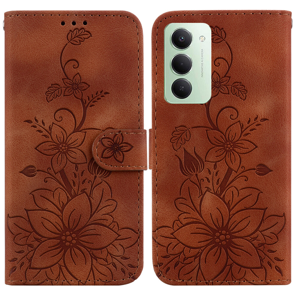 (Brown) For Xiaomi Redmi 15 4G (Eu) (171Mm) Stand Case Lily Flower Imprint Leather Phone Cover With Wrist Strap Brown 6914278845154
