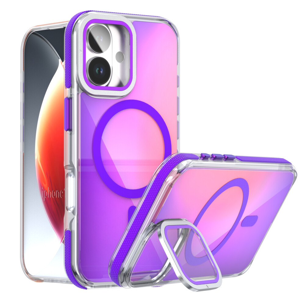 (Purple) For Iphone 17 Magnetic Case Tpu Acrylic Phone Back Cover With Lens Film And Kickstand Purple 6914271978552