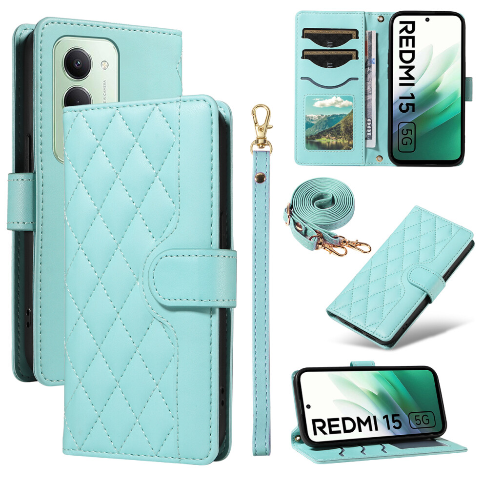 (Green) For Xiaomi Redmi 15 5G (Global) (169Mm) Wallet Case Rhombus Leather Phone Cover With Strap Green 6914273515755