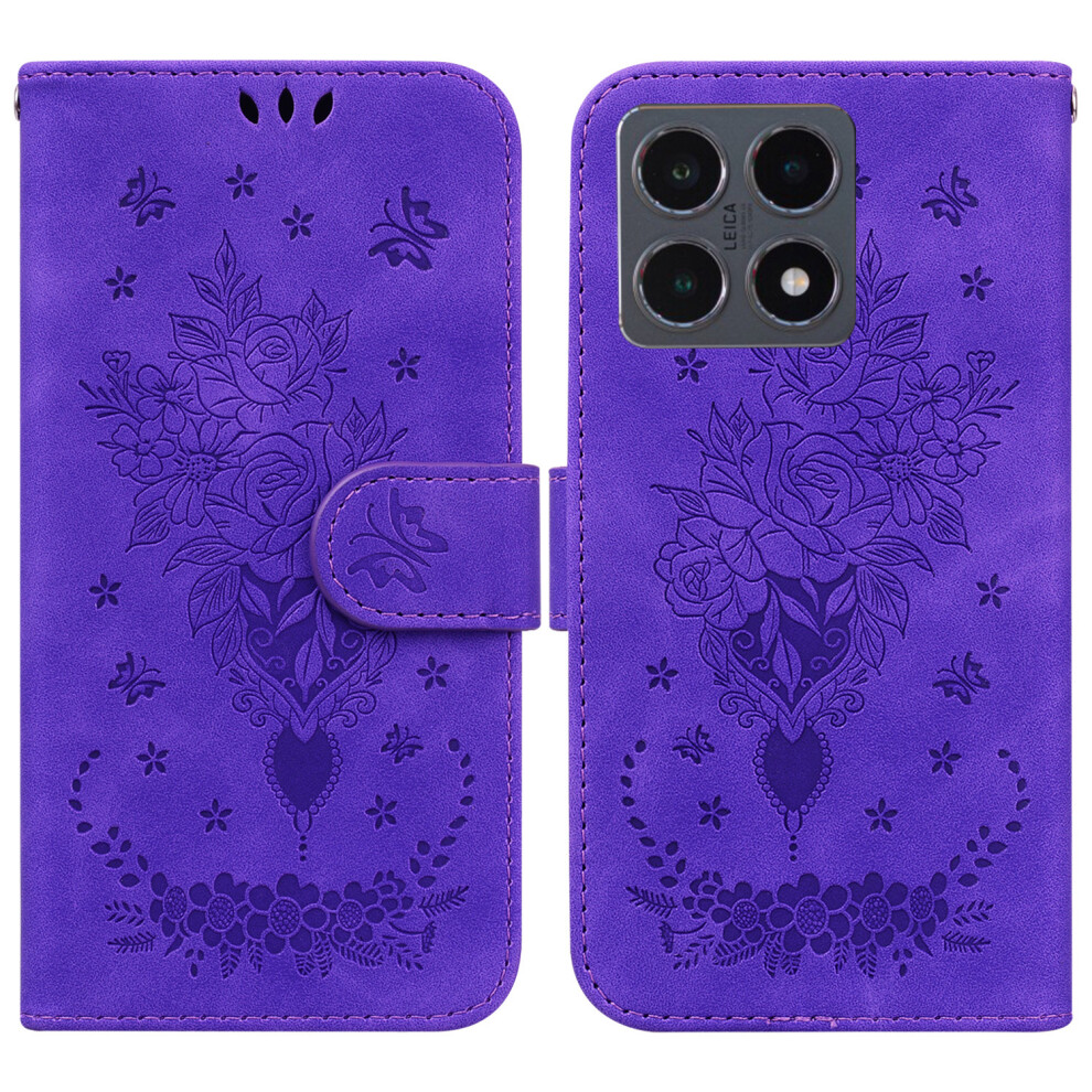 (Purple) For Xiaomi 15T Case Butterfly Flower Imprint Pu Leather Wallet Phone Cover With Strap Purple 6914272349542
