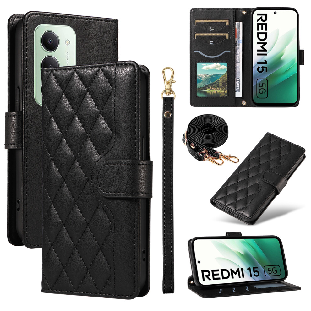 (Black) For Xiaomi Redmi 15 5G (Global) (169Mm) Wallet Case Rhombus Leather Phone Cover With Strap Black 6914277191900