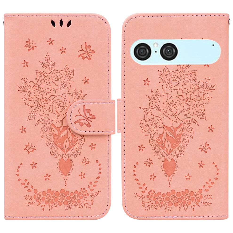 (Pink) For Sony Xperia 10 Vii Case Butterfly Flower Imprint Pu Leather Wallet Phone Cover With Strap Pink 6914270252257