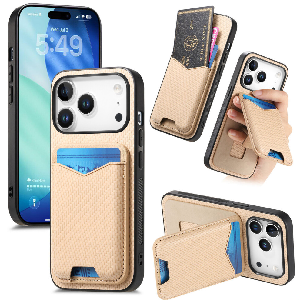 (Khaki) For Iphone 17 Pro Case Card Holder Kickstand Carbon Fiber Texture Back Cover 6914271495493