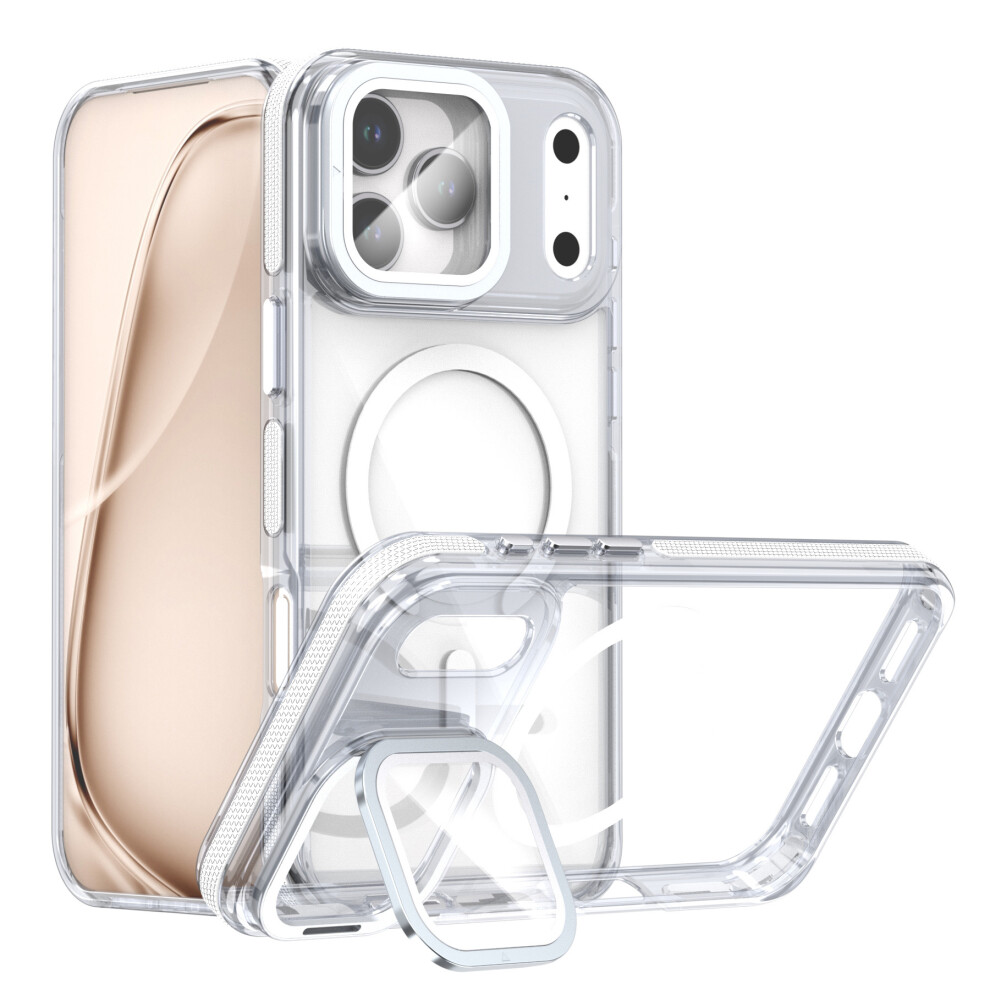 (White) For Iphone 17 Pro Max Magnetic Case Tpu Acrylic Clear Phone Back Cover With Lens Protector Kickstand White 6914273512020