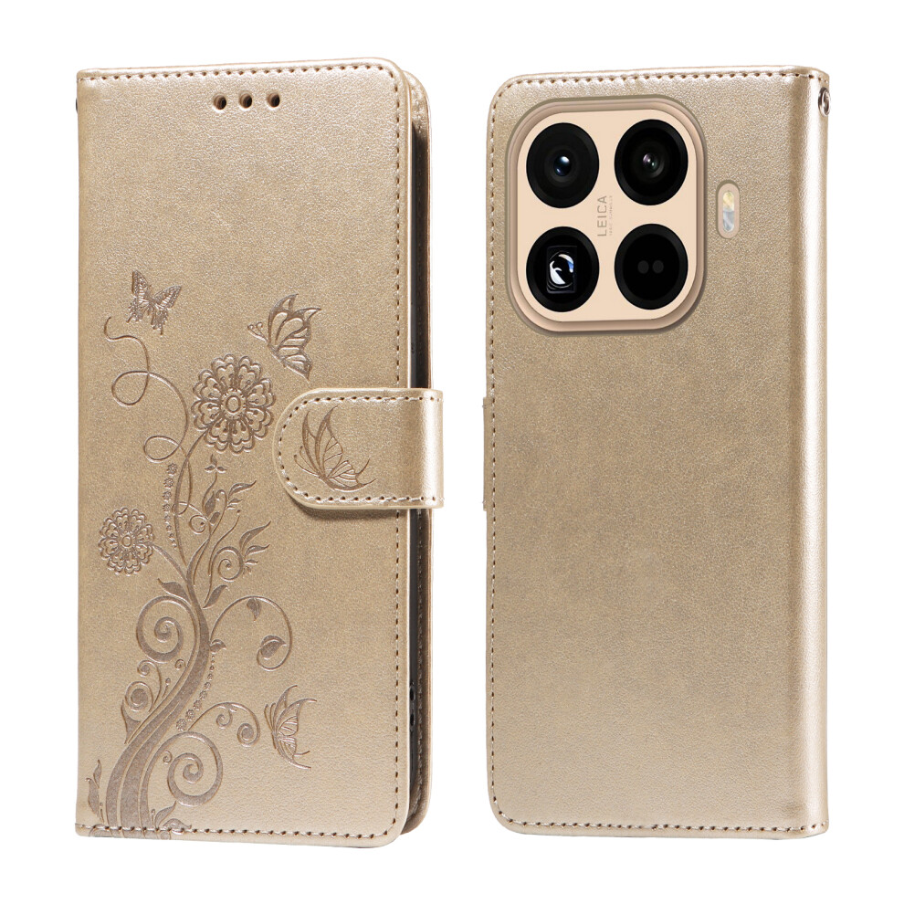 (Golden) For Xiaomi 15T Pro Leather Case Butterfly Floral Imprint Wallet Stand Cover Golden 6914274045091