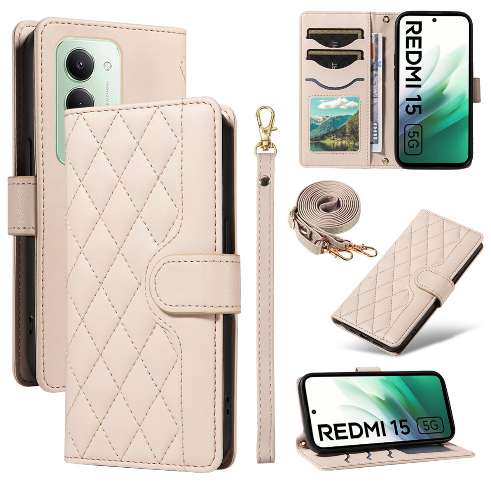(Apricot) For Xiaomi Redmi 15 4G (Eu) (171Mm) Wallet Case Rhombus Leather Phone Cover With Strap 6914279088819