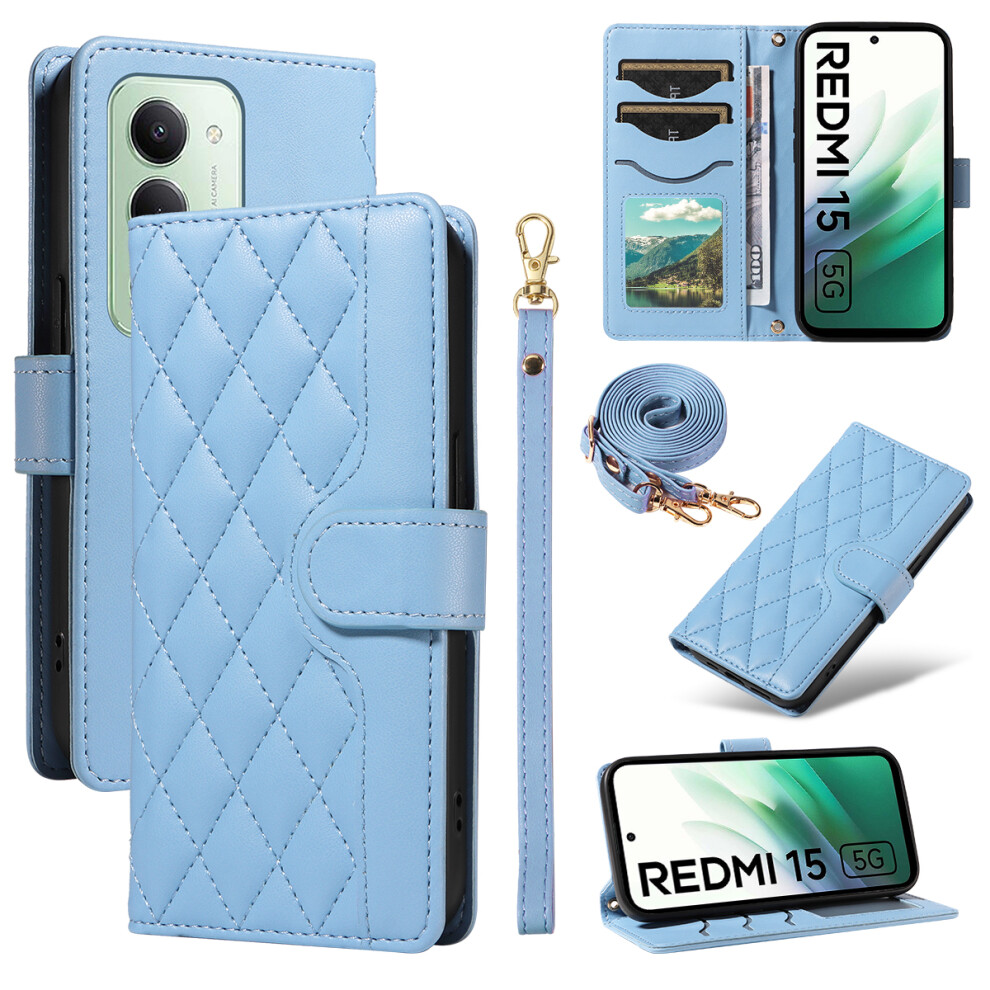 (Blue) For Xiaomi Redmi 15 4G (Eu) (171Mm) Wallet Case Rhombus Leather Phone Cover With Strap Blue 6914273705316