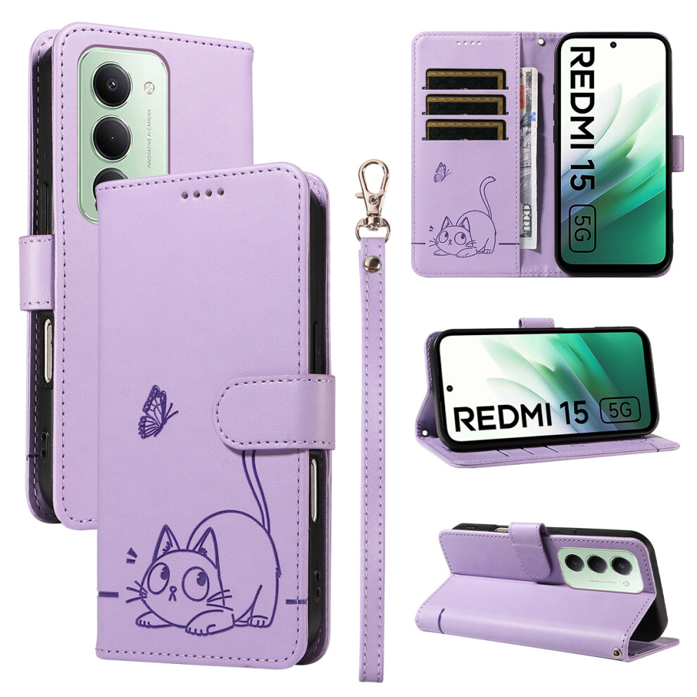 (Purple) For Xiaomi Redmi 15 4G (Eu) (171Mm) Case Cat Pattern Imprint Leather Phone Cover With Wrist Strap Purple 6914273908557