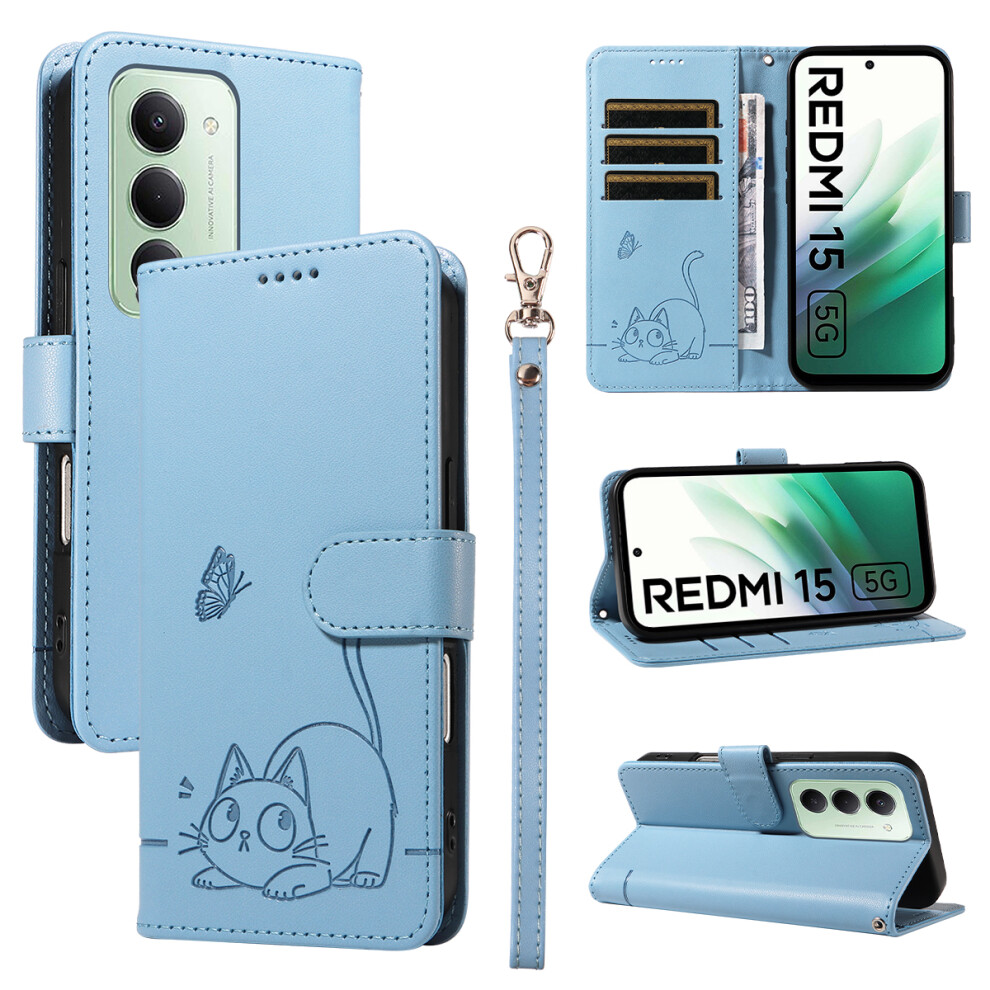 (Sky ) For Xiaomi Redmi 15 4G (Eu) (171Mm) Case Cat Pattern Imprint Leather Phone Cover With Wrist Strap Blue 6914272459500
