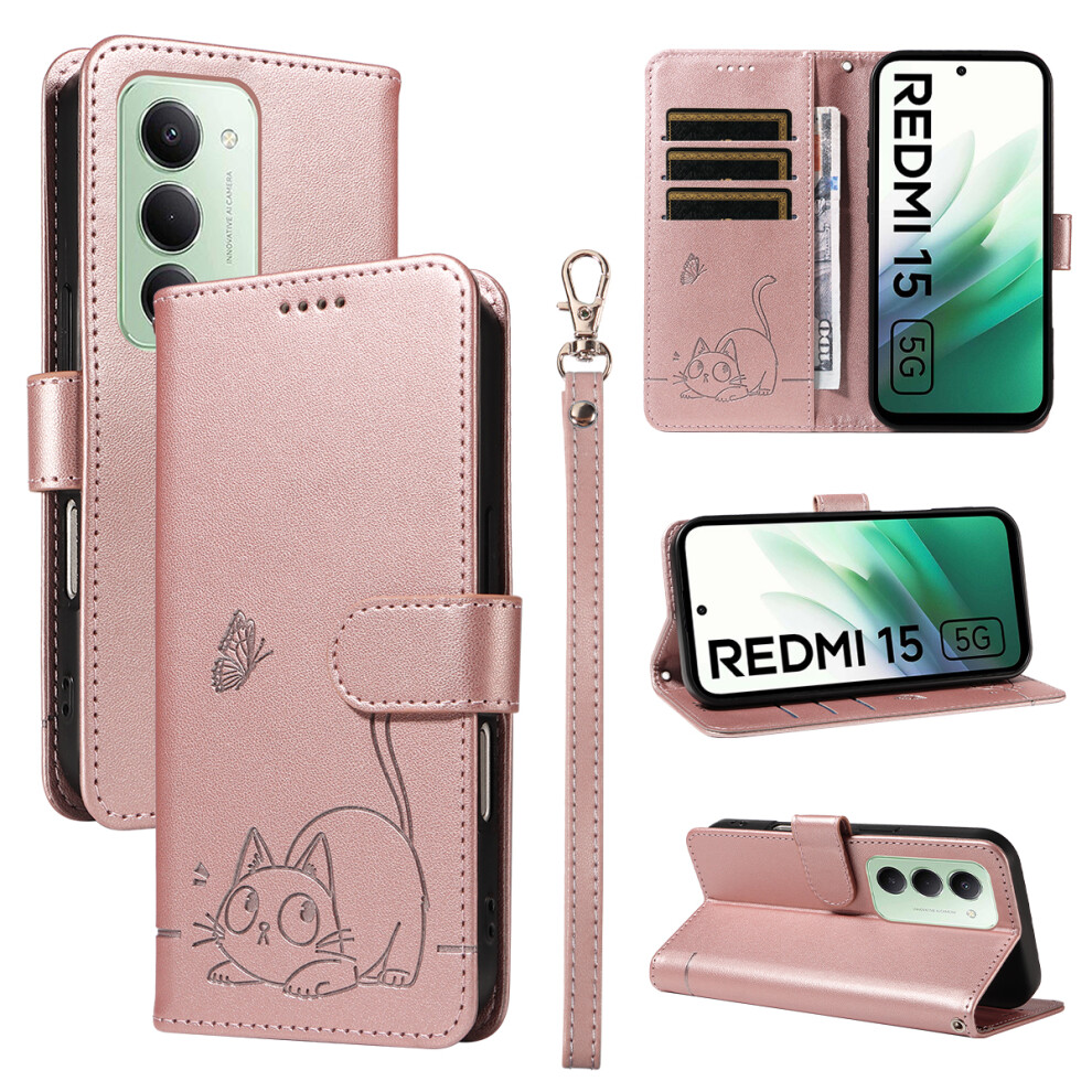 (Rose ) For Xiaomi Redmi 15 4G (Eu) (171Mm) Case Cat Pattern Imprint Leather Phone Cover With Wrist Strap Gold 6914270042711