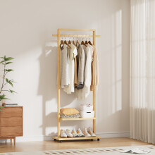 (Wood Colour) Bamboo Clothing Rack with Storage Shelves