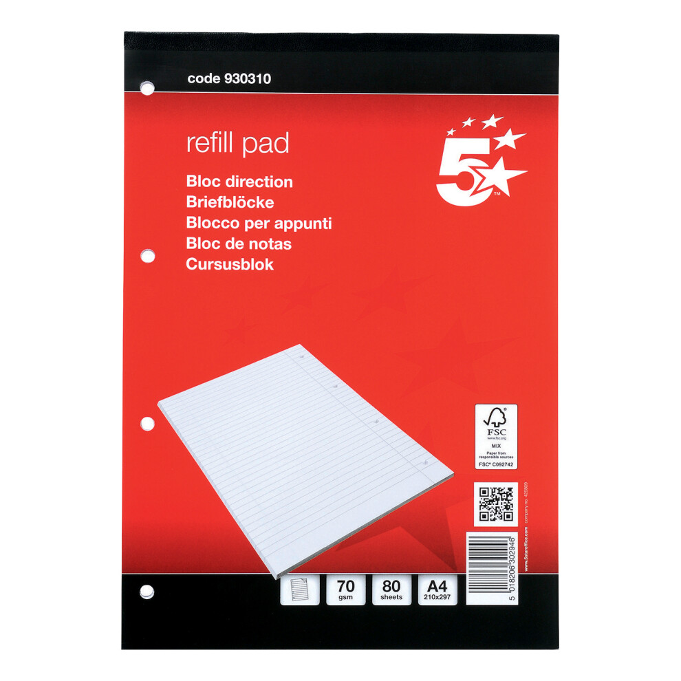5 Star Office Refill Pad Headbound Ruled A4 Red/White (Pack of 10)-image-OPC-PJQBKBY-NEW