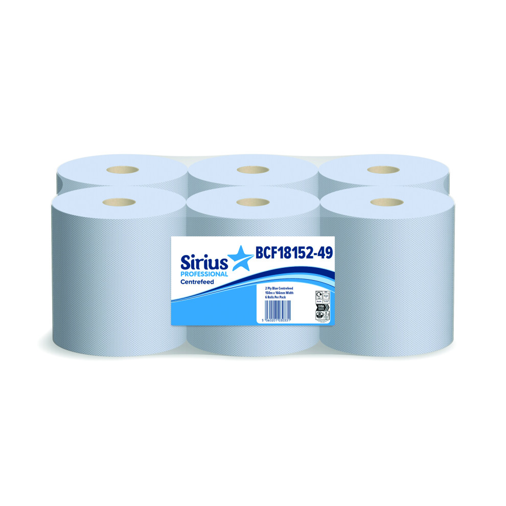 Sirius 2-Ply Centrefeed Rolls 166Mmx150m Blue (Pack Of 6)