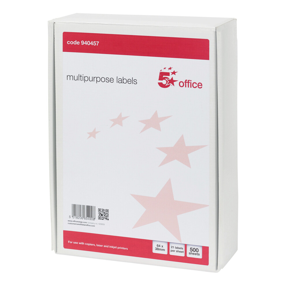 5 Star Office Multipurpose Labels Laser Copier Inkjet 64X38mm White 5018206654908