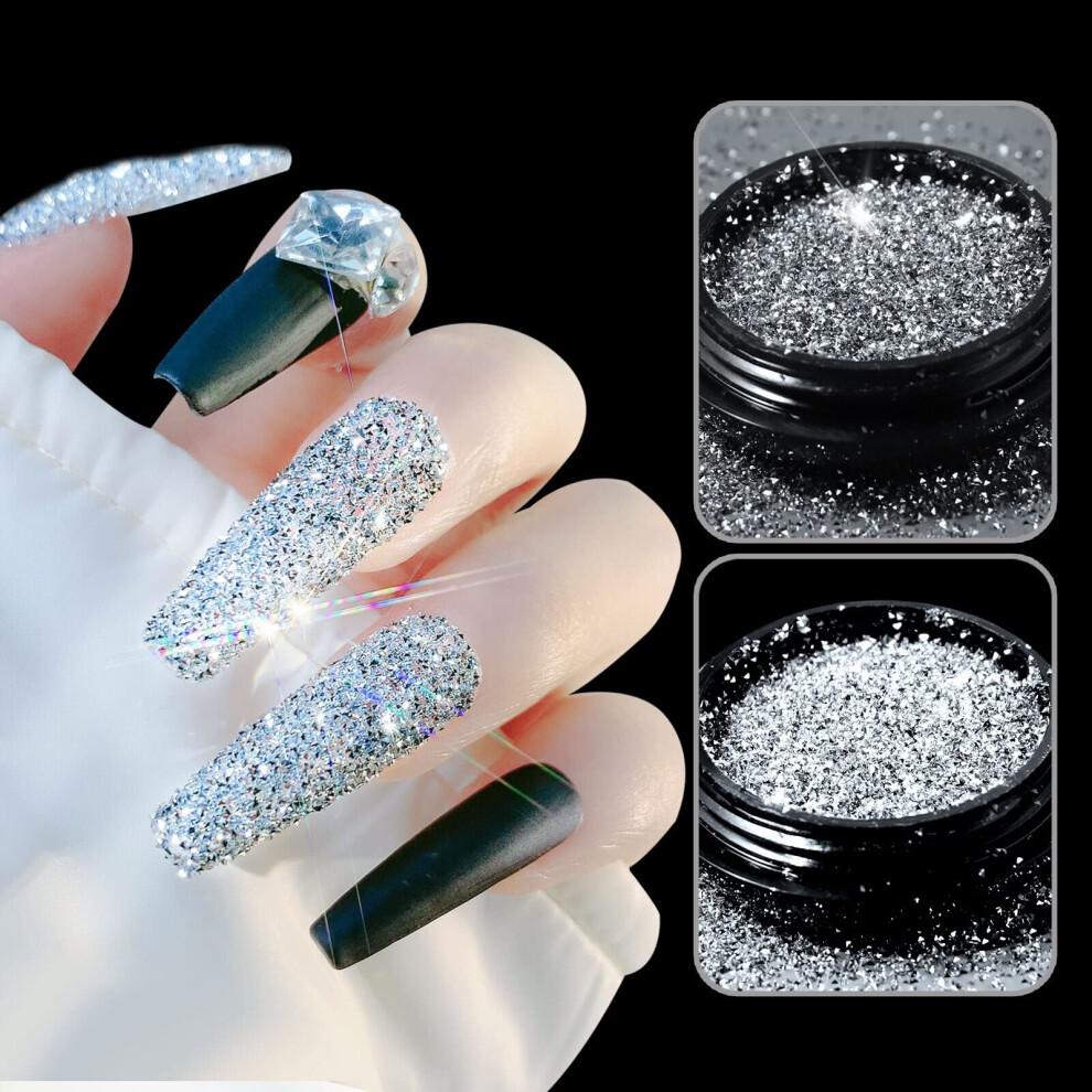 Reflective Glitter Powder for Nail Art Holographic Chrome Pigment Dust with Shining Crystal Rhinestones and Sequins