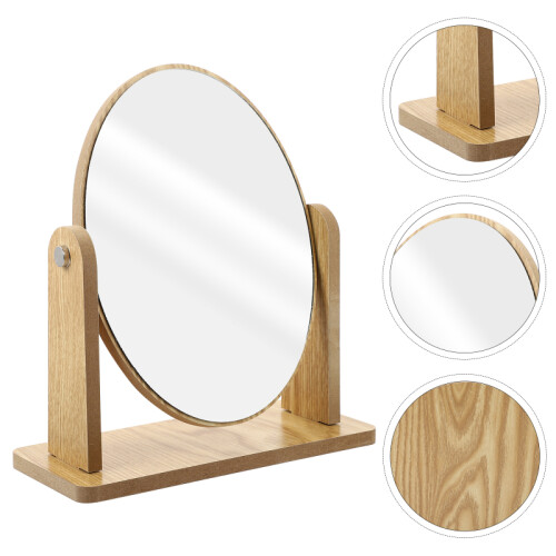 Khaki Wood Makeup Mirror Swivel Oval Tabletop Vanity Mirror 2
