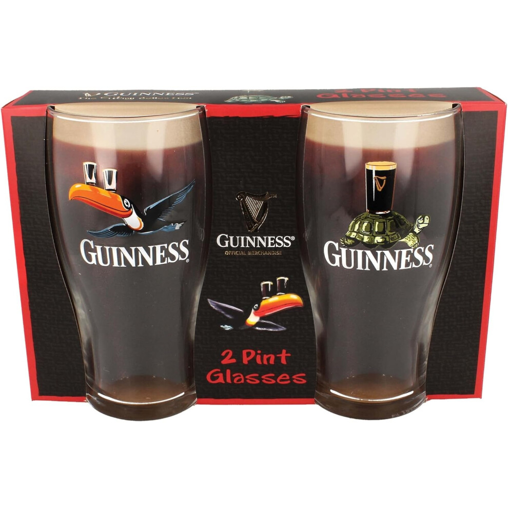Guinness Official Merchandise Tortoise Toucan Gilroy 2 Pint Glass Set Transparen