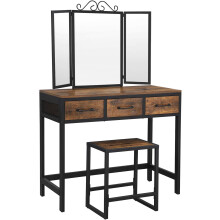 VASAGLE Dressing Table and Stool Set, Dressing Table with Triple Fold Mirror, 3